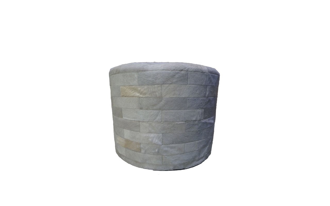 Cowhide 24" Round Patchwork Ottoman - white