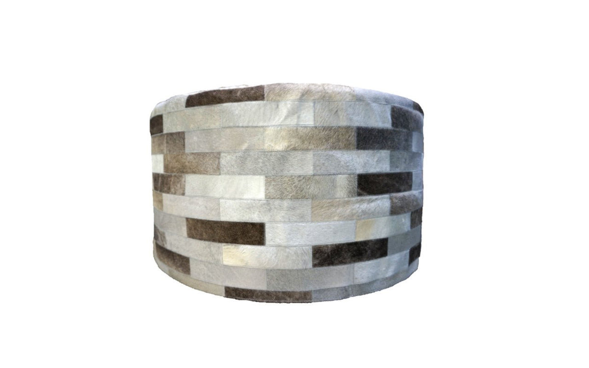 Cowhide 36" Round Patchwork Ottoman - gray