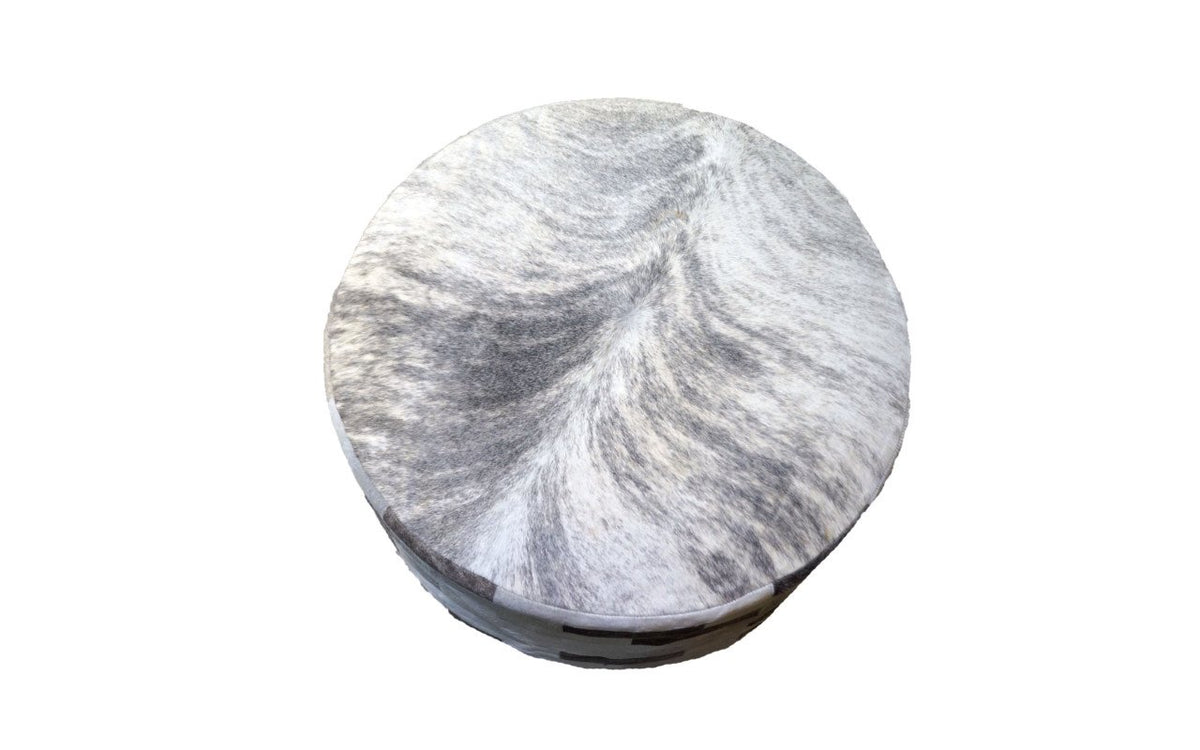 Cowhide 36" Round Patchwork Ottoman - gray