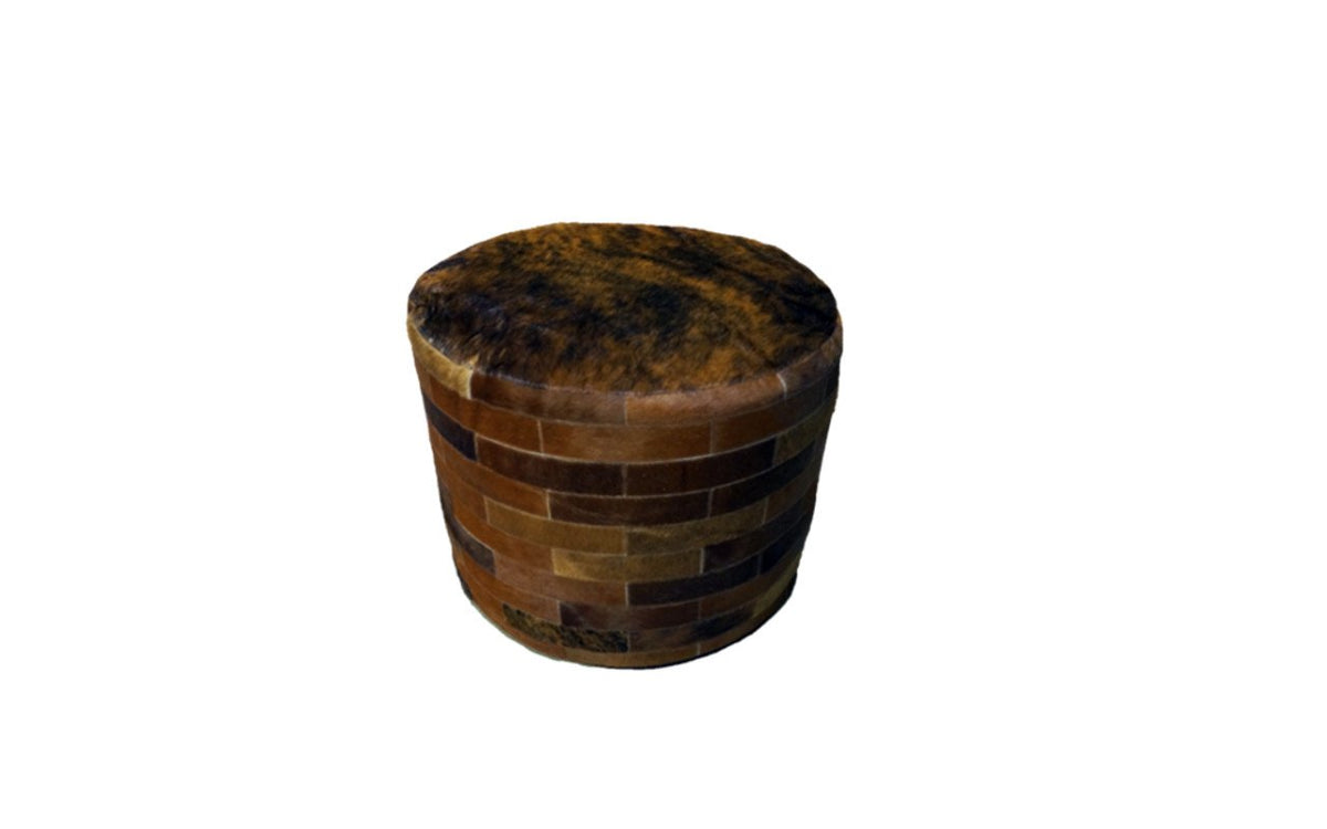 Cowhide 24" Round Patchwork Ottoman - dark brown