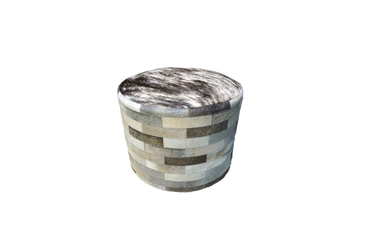 Cowhide 24" Round Patchwork Ottoman - gray