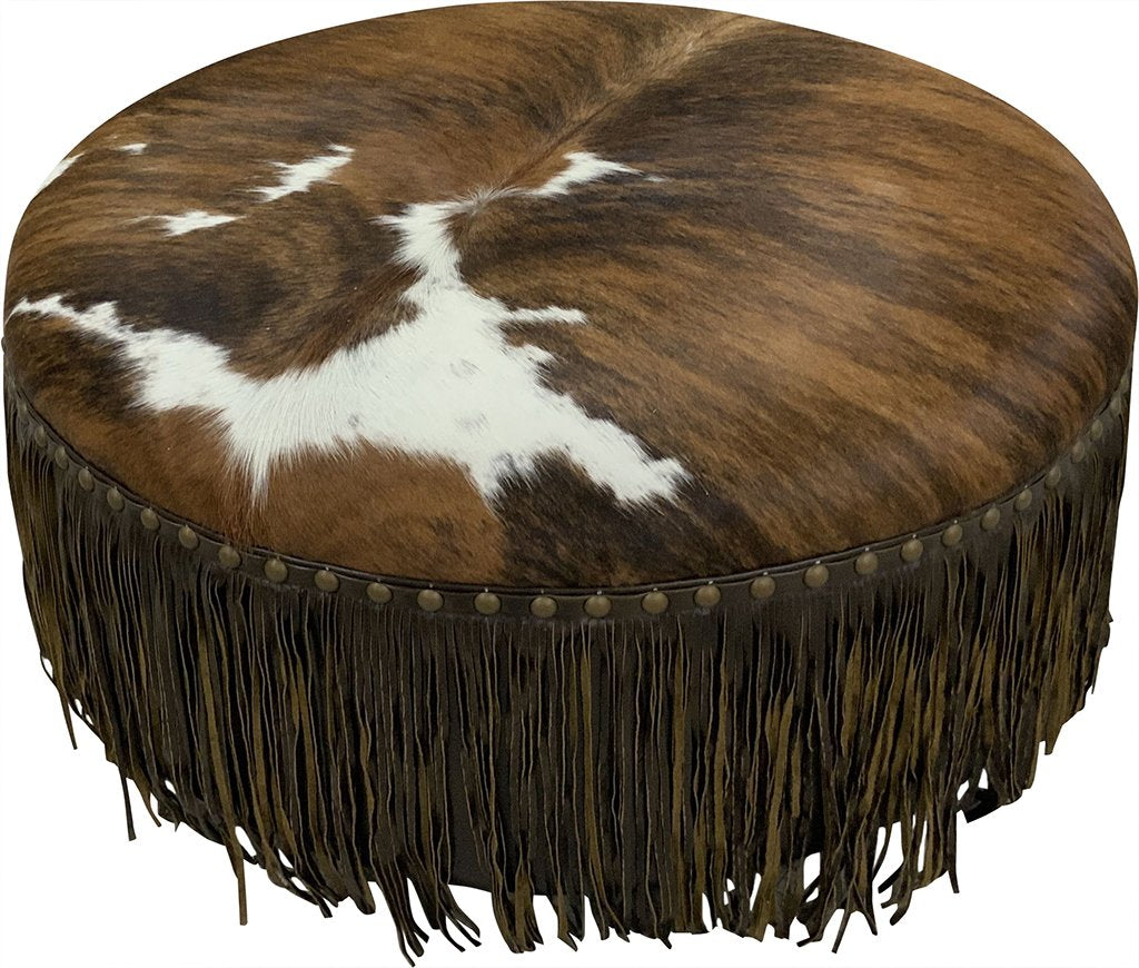 Cowhide Ottoman - 36" Round Fringed