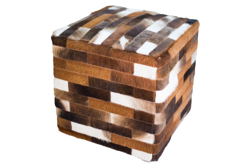 Cowhide Cube Patchwork Ottoman - Dark Brown