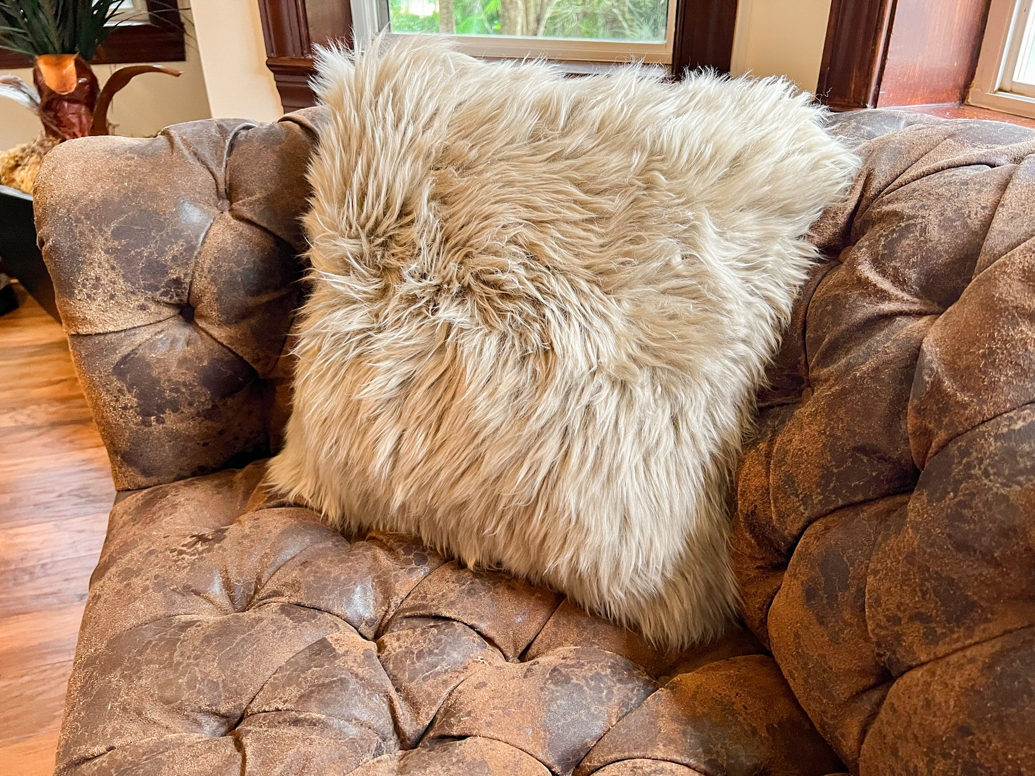 Taupe New Zealand Sheepskin Pillow 16"x 16" Single Sided by Hudson Hides