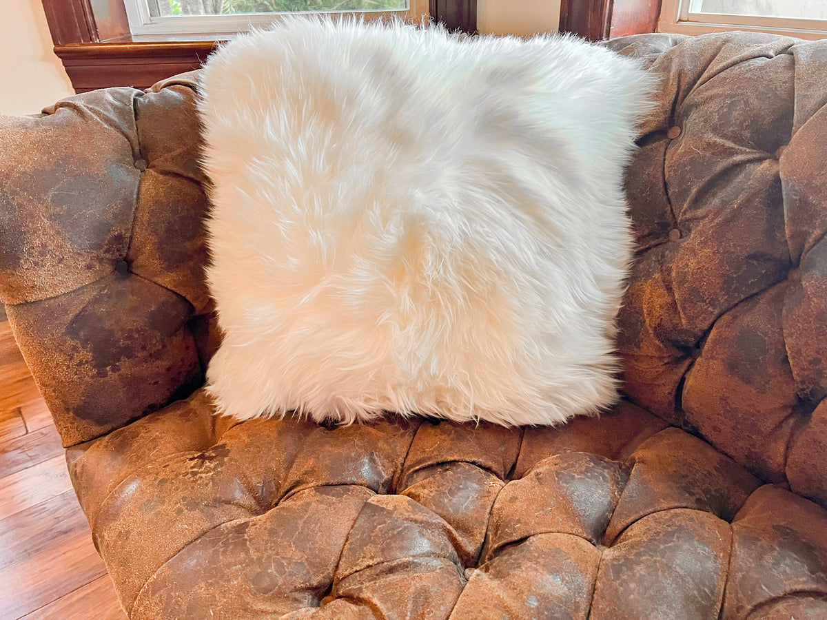 White New Zealand Sheepskin Pillow 16"x16" Single Sided by Hudson Hides