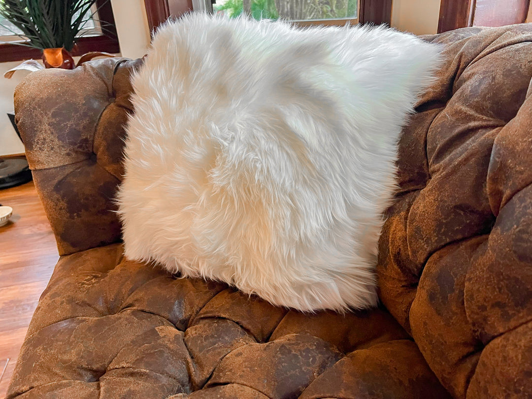 White New Zealand Sheepskin Pillow 20"x20" Single Sided by Hudson Hide